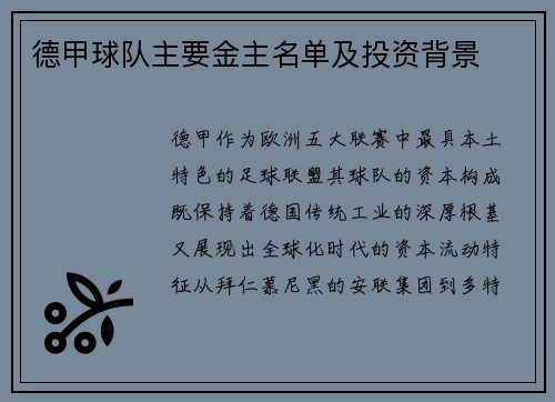德甲球队主要金主名单及投资背景